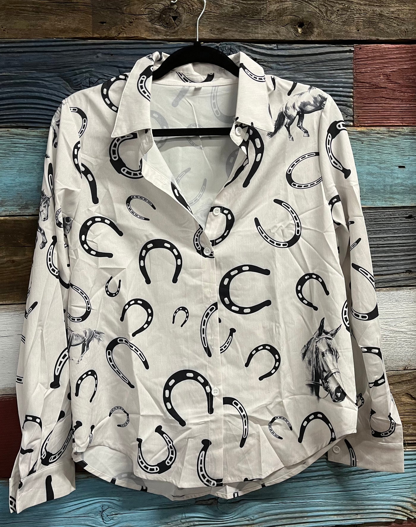 HORSE PRINT BUTTON DOWN BLOUSE